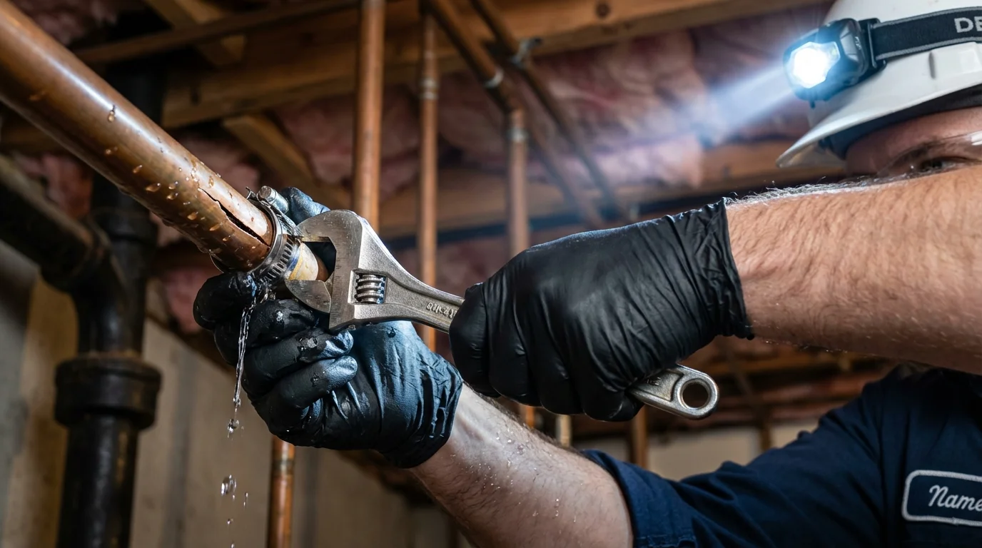 Emergency pipe clamp repair being performed by a Johns Plumbing LLC plumber in McAlester