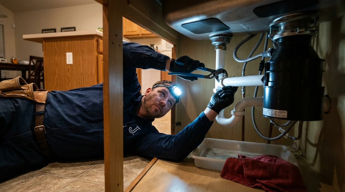 P-trap and supply line connections under a kitchen sink showing a common leak point in McAlester, OK